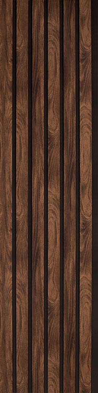 Brown designer louver panel with textured wood grain finish and vertical slats