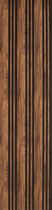Brown wood grain louver panel with textured finish and vertical slats showing wood pattern and natural grain variation