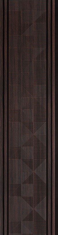 Brown designer louver panel with textured geometric pattern and dark brown border and linear details within the design