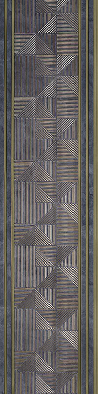Grey designer louver panel with textured geometric pattern and vertical lines, bordered by darker grey and gold accents