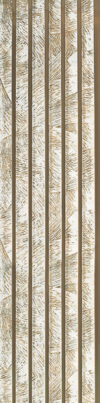 Brown textured designer wall louver panel with vertical slats and feather pattern design on textured surface.