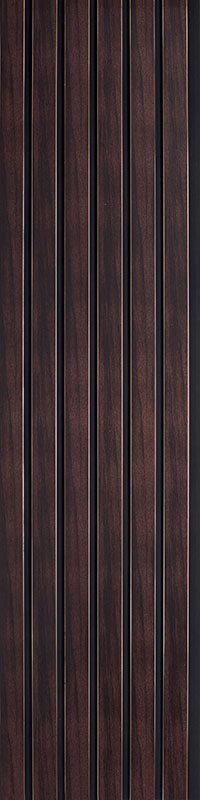 Brown wood louver panel with textured wood grain finish and vertical slats.