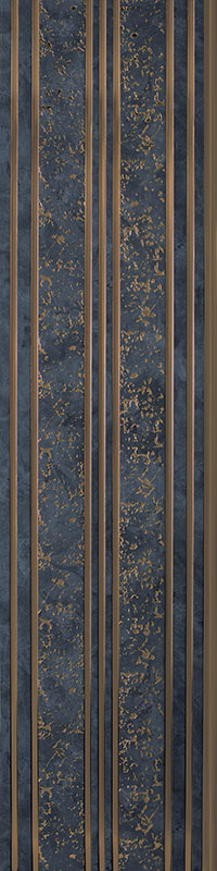 Grey designer louver panel with textured finish and gold accents, featuring vertical stripes and mottled pattern.