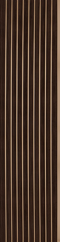 Brown wood louver panel with textured wood grain finish and vertical slats, showing natural wood pattern and beige gaps.