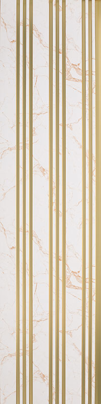 White marble pattern wall louver with textured finish and vertical gold strips.