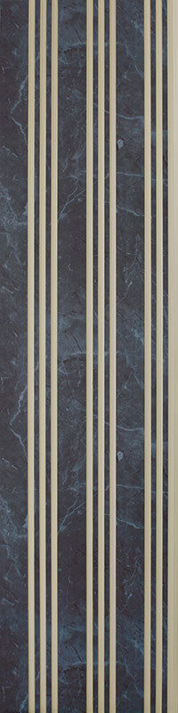 Grey designer louver panel with textured finish and vertical striped pattern on marble-like background
