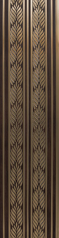 Brown designer louver wall panel with textured leaf pattern and vertical stripes, showing detailed texture and grain.
