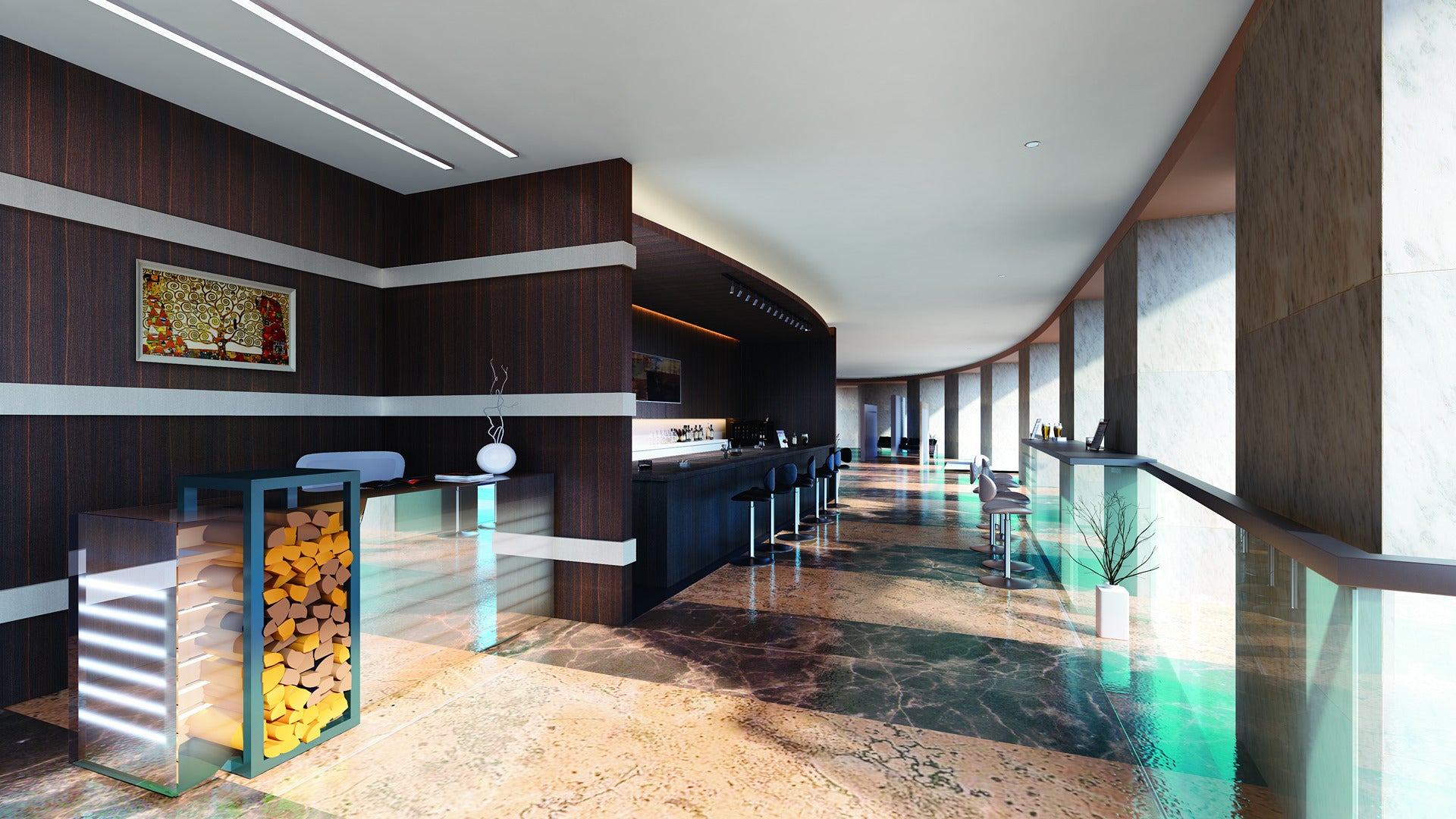 Dark wood laminate with glossy finish on wall and bar in modern bar area with sleek furniture and marble floor