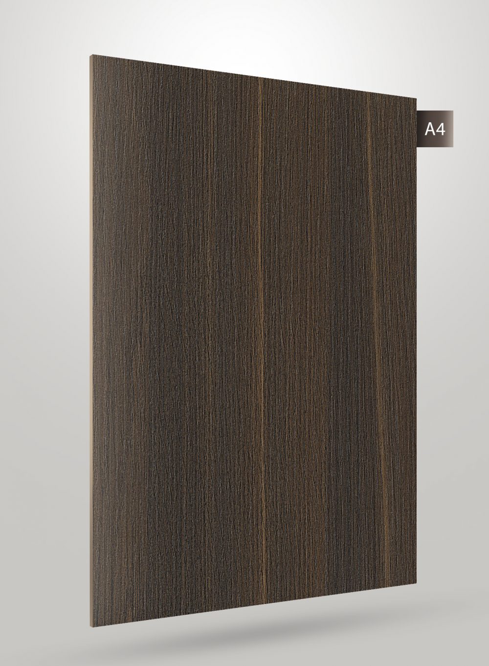 Dark brown wood grain decorative laminate with vertical texture and glossy finish, sample labeled A4.