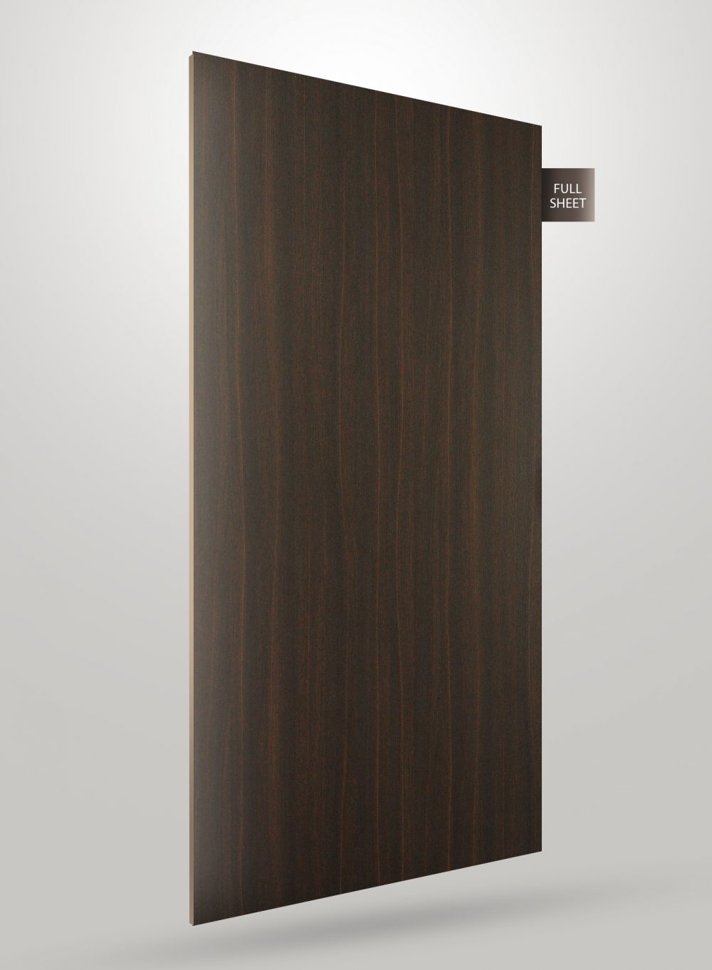 Dark brown wood laminate sheet with vertical grain pattern and glossy finish, labeled full sheet.