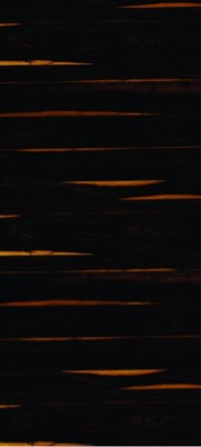 Black high gloss laminate wall panel with golden streaks and reflective sheen, designer pattern, smooth texture.