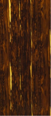 Brown wood grain laminate with high gloss finish and dark swirling pattern, showcasing textured designer wall panel surface.