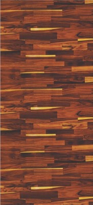 Brown wood grain laminate with high gloss finish and random strip pattern, showing wood texture and sheen.