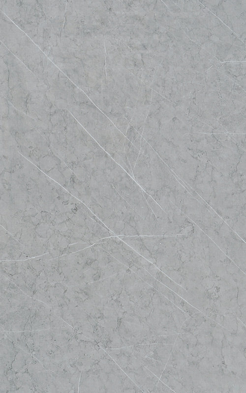 Grey marble laminate with diagonal white veins and high gloss finish.