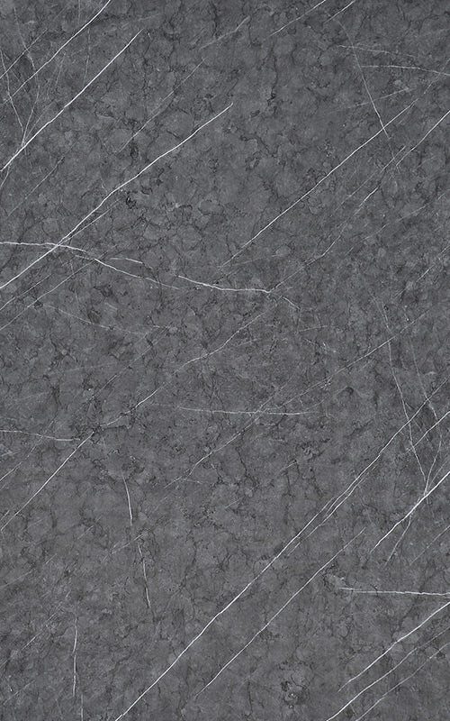 Grey marble laminate with white veining and high gloss finish showing textured stone pattern and diagonal streaks
