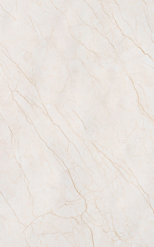 Ivory marble laminate sheet with golden veins and high gloss finish, featuring diagonal pattern and smooth texture.