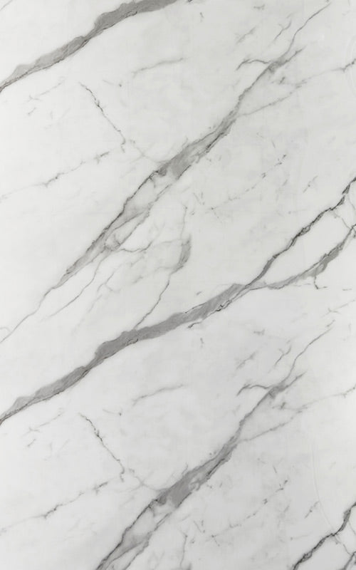 White marble laminate with grey veining and high gloss finish