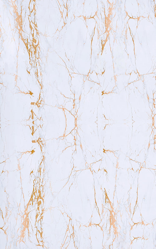 White marble laminate with gold veining and high gloss finish.