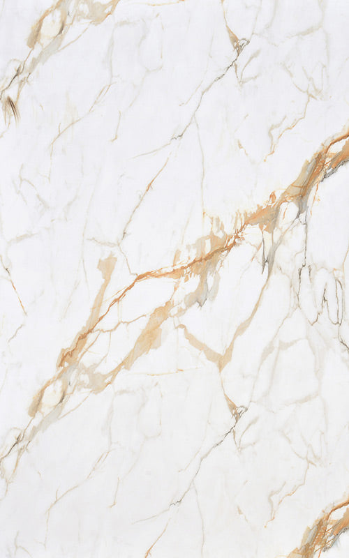 White marble laminate with gold veining and high gloss finish