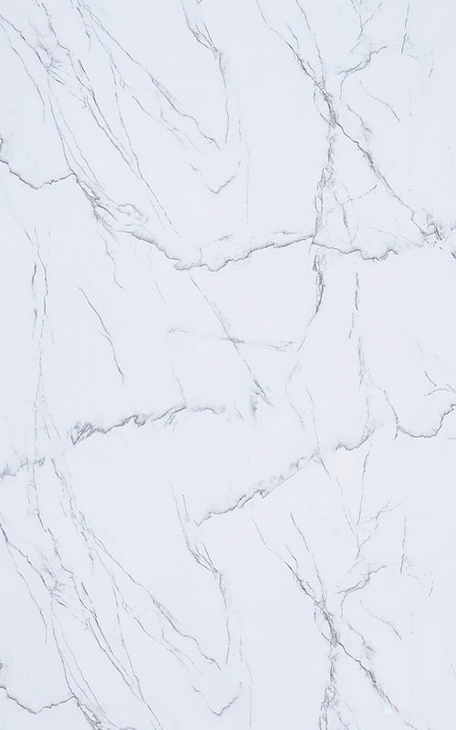 White marble laminate with grey veining and high gloss finish