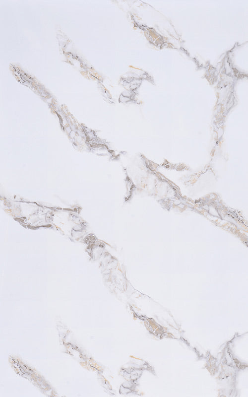 White marble laminate with gray and beige veining, high gloss finish, smooth texture, decorative wall panel design.