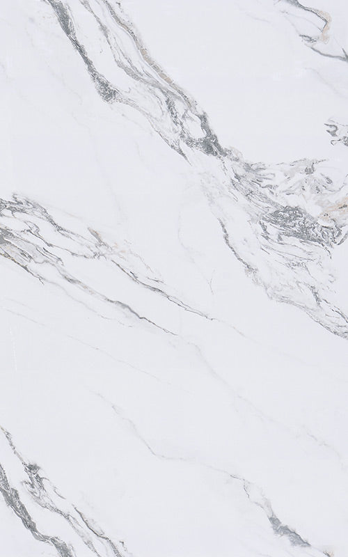 White marble laminate sheet with grey veining and high gloss finish, showcasing a natural stone pattern and texture.