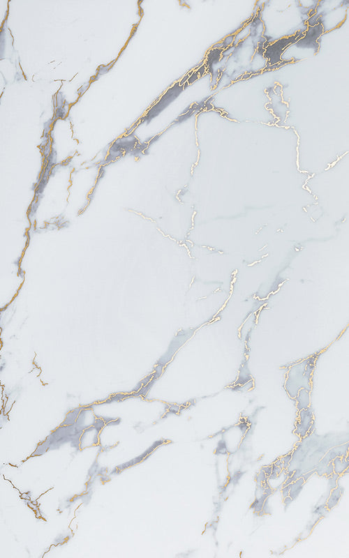 White marble laminate with gold veins and grey accents in high gloss finish.