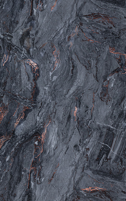 Dark grey marble laminate with copper veining and high gloss finish.