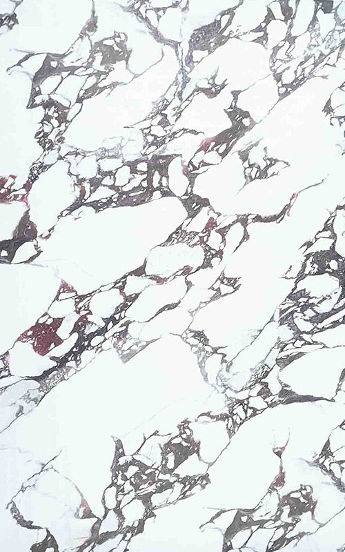 White marble laminate with grey and red veining, glossy finish, decorative wall panel pattern.