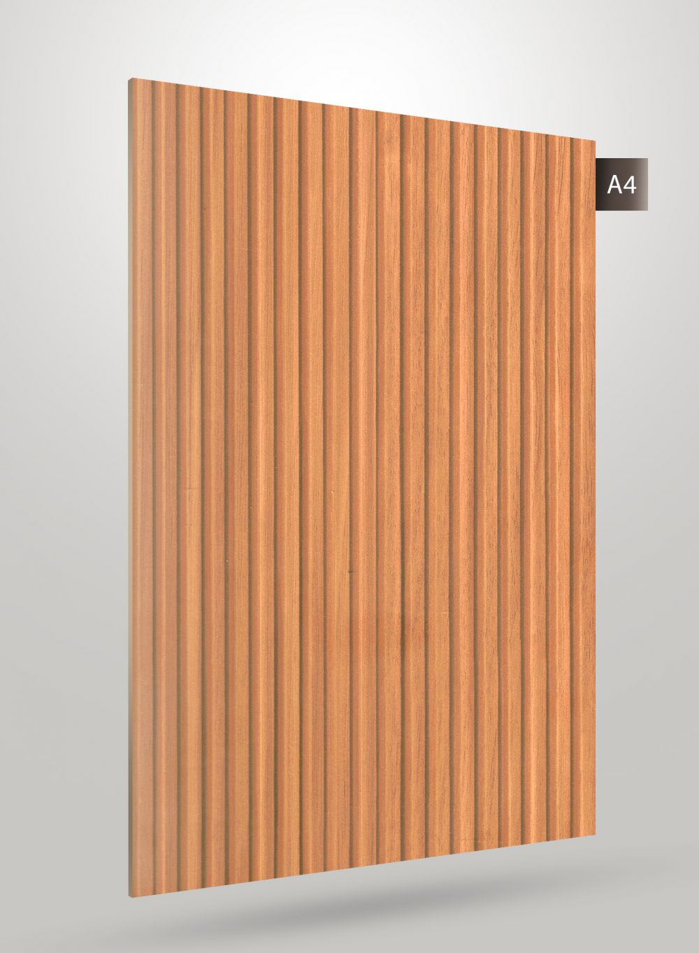Brown fluted decorative laminate with matte finish and vertical ridges, showcasing a wood grain texture and subtle sheen
