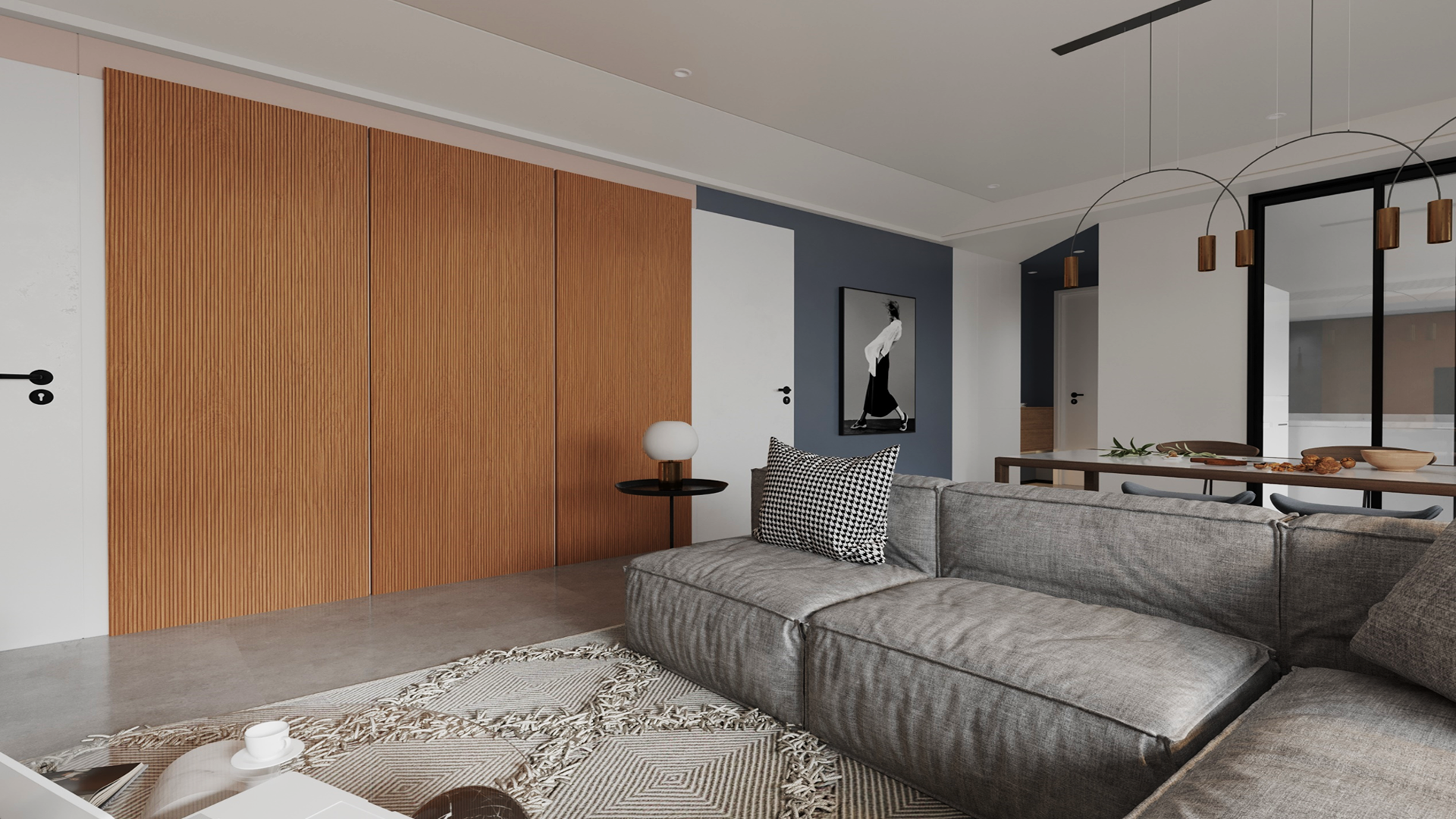 Brown fluted laminate wall panel with matte finish in modern living room interior with gray sofa and minimalist decor