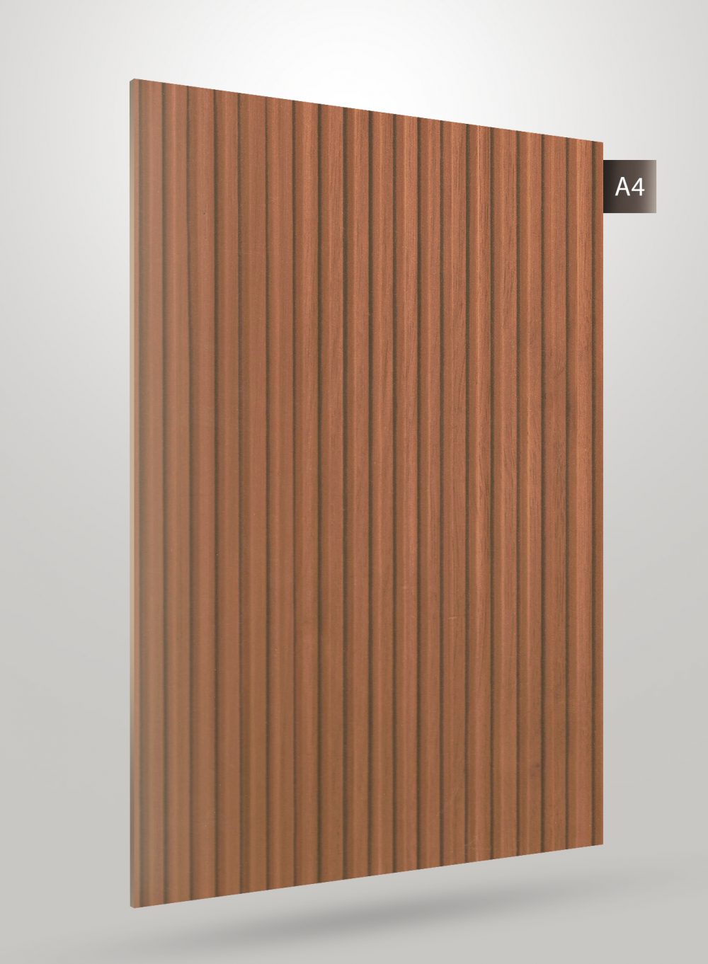 Brown fluted laminate with matte finish and vertical grooves, showing wood grain texture on its surface.