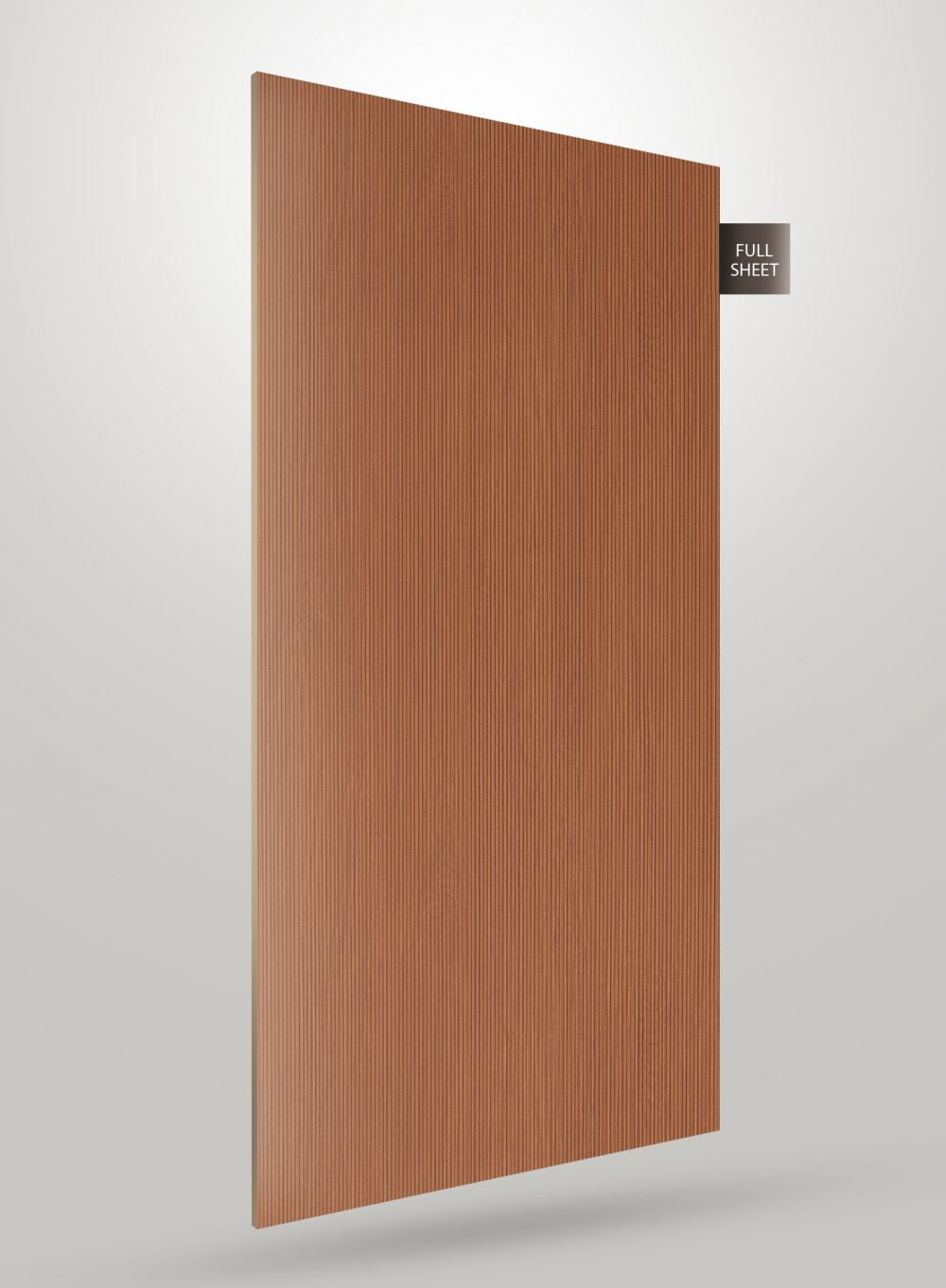 Brown decorative laminate sheet with fluted pattern and matte finish, labeled full sheet on a white background.