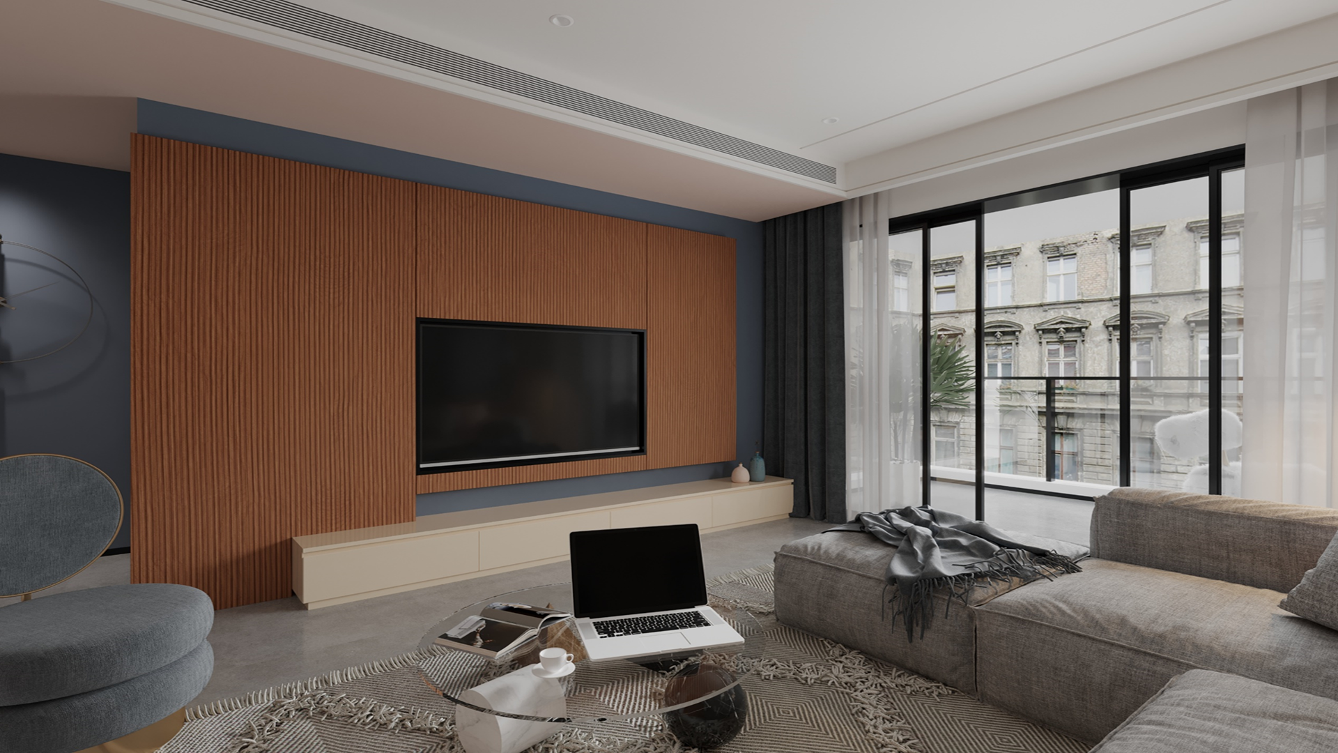 Brown fluted laminate wall panel with matte finish in a modern living room setting with gray furniture and decor.
