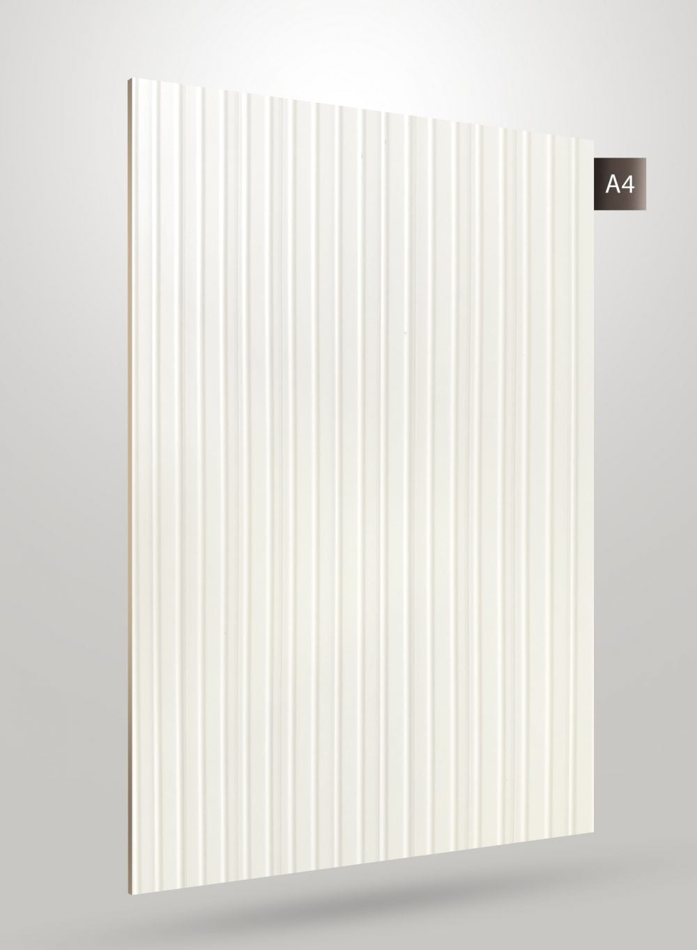 White fluted laminate sheet with matte finish and vertical ridges, decorative interior material for wall covering.
