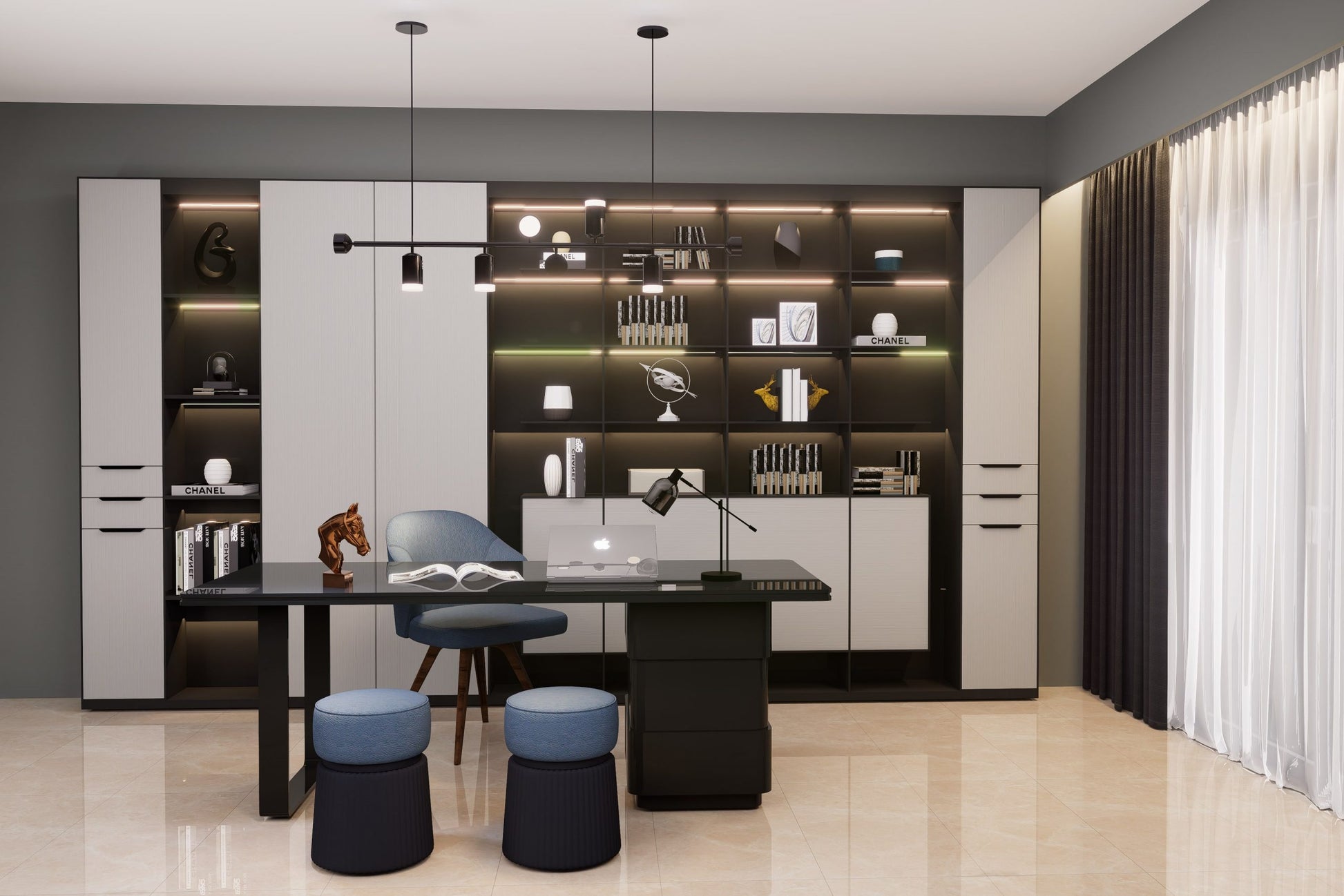 White fluted laminate used on modern home office cabinetry and shelving units with matte finish and vertical texture pattern