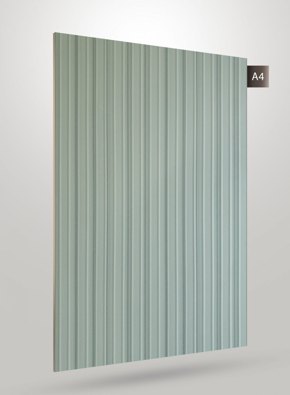 Matte green fluted decorative laminate with vertical ridges and subtle texture, showcasing a smooth flat surface.