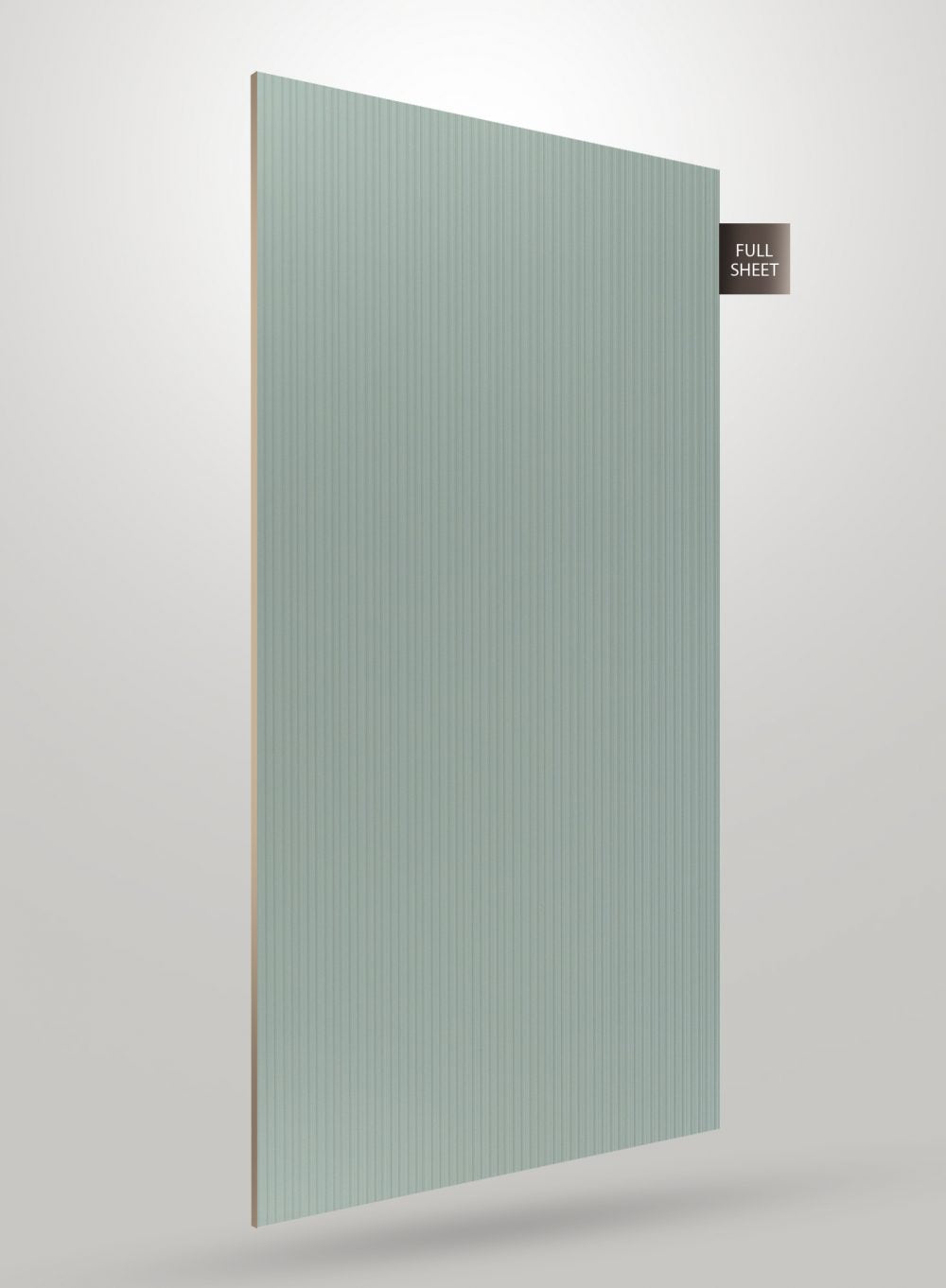 Green fluted laminate sheet with matte finish and vertical ridges, shown at an angle with visible edge and full sheet label.