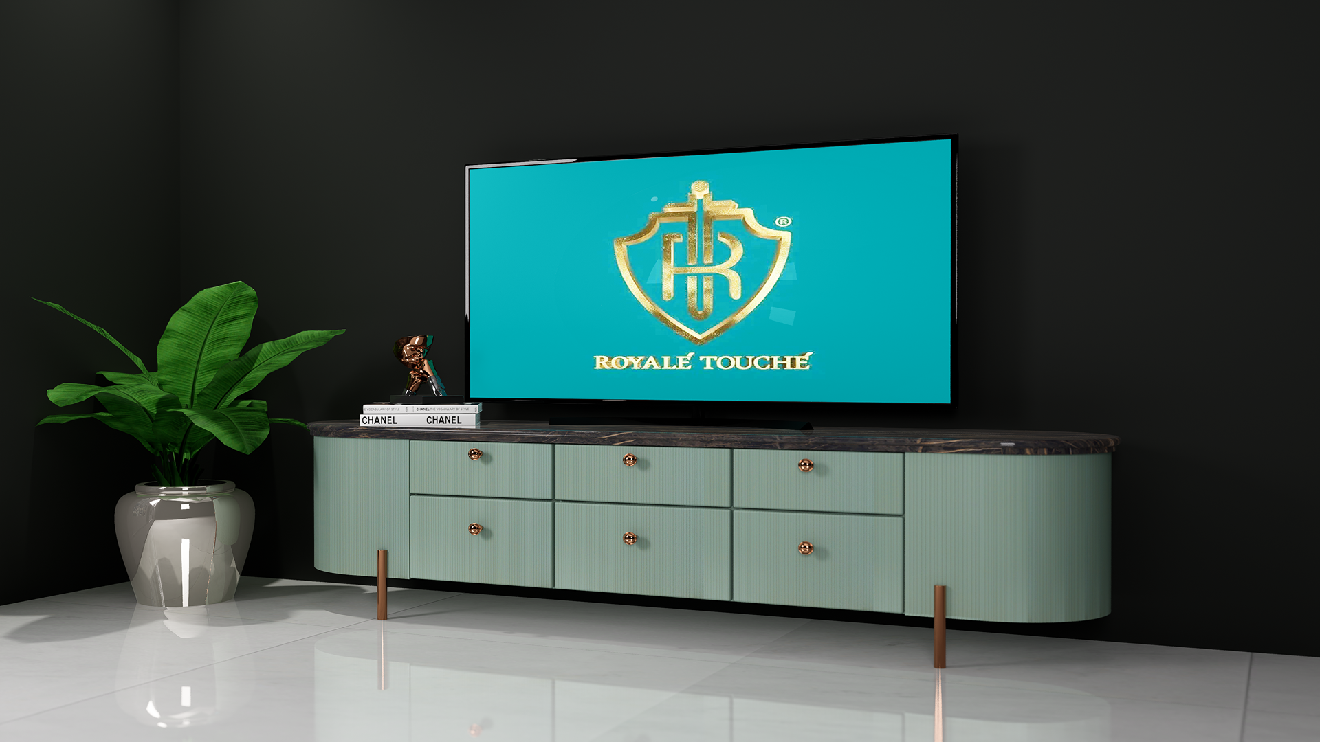 Green fluted laminate cabinet with gold knobs and marble top, paired with a TV displaying Royale Touche logo.