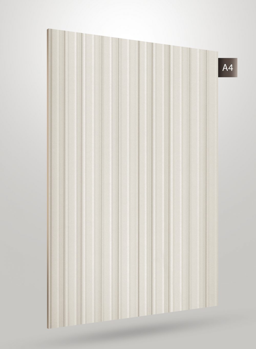Matte ivory fluted laminate sheet with vertical ridges and smooth texture, decorative interior design material.