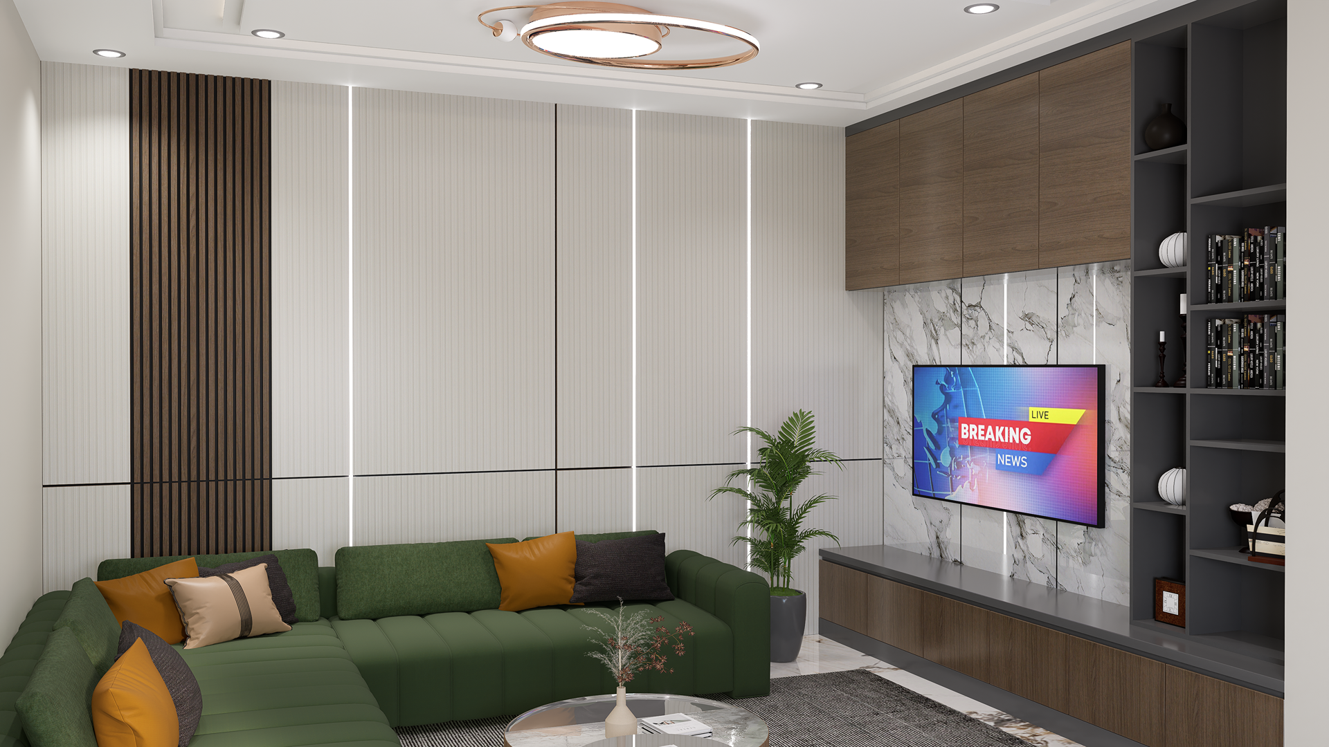 Ivory fluted laminate wall panels with matte finish in a modern living room with green sofa and marble accents