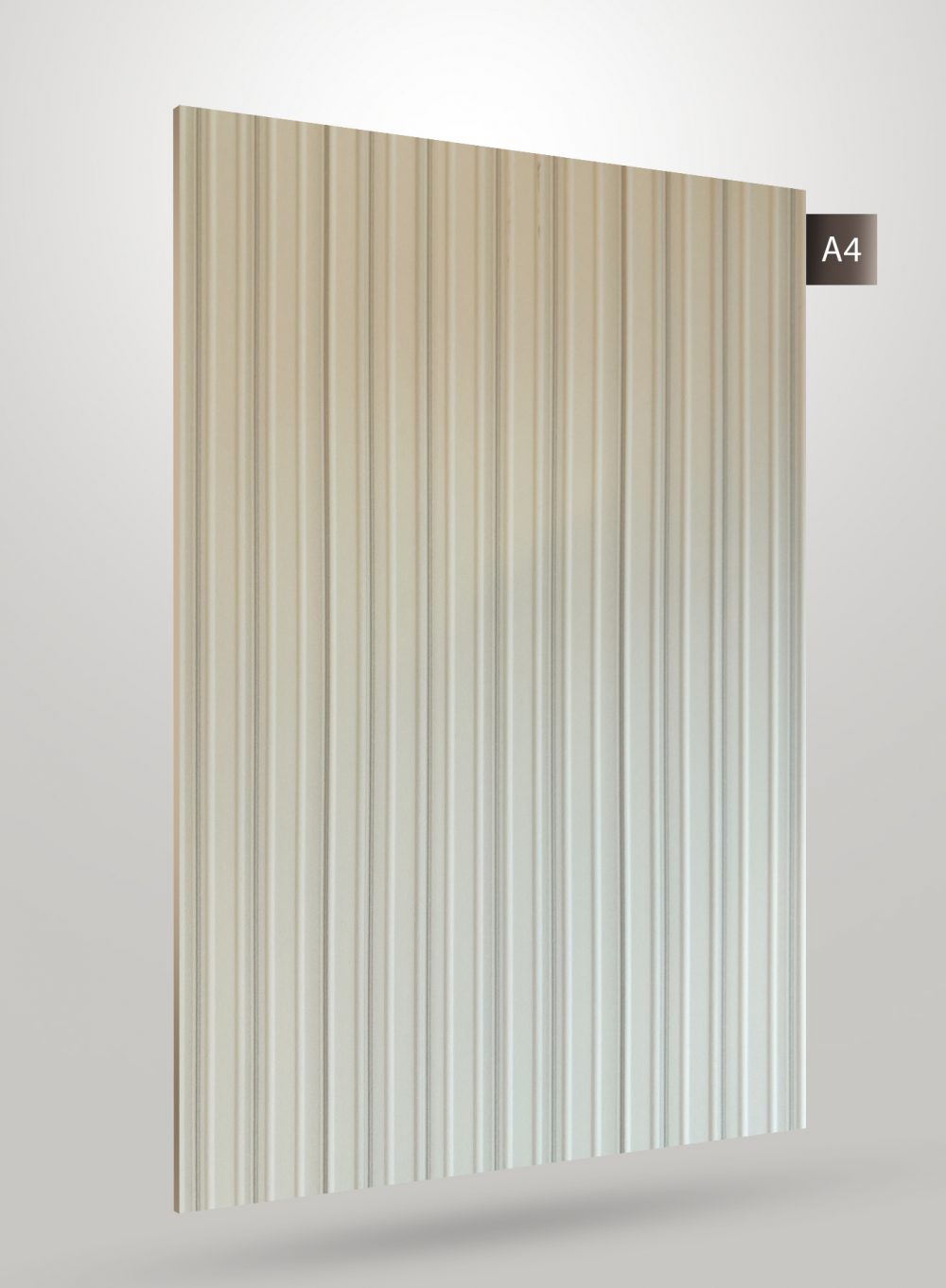 Beige fluted decorative laminate with matte finish and vertical ridges, showcasing a textured pattern on a rectangular sheet.