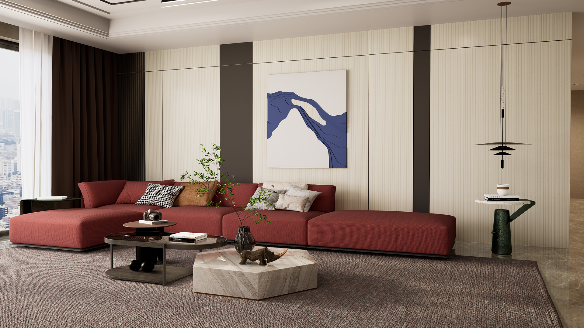 Beige fluted laminate wall panels with matte finish in a modern living room setting with red sofa and decor.