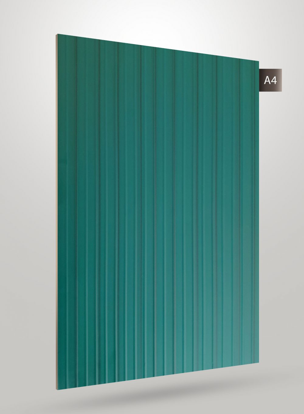 Green fluted decorative laminate with matte finish and vertical ridges on a plain background with A4 label.