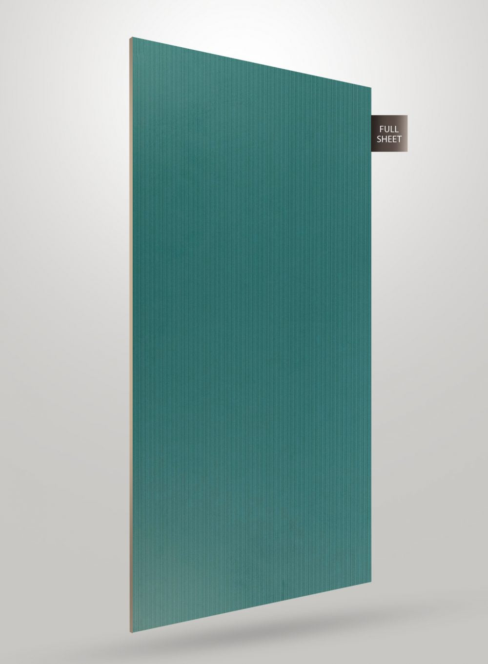 Green decorative laminate sheet with fluted pattern and matte finish, shown as full sheet with visible texture and vertical