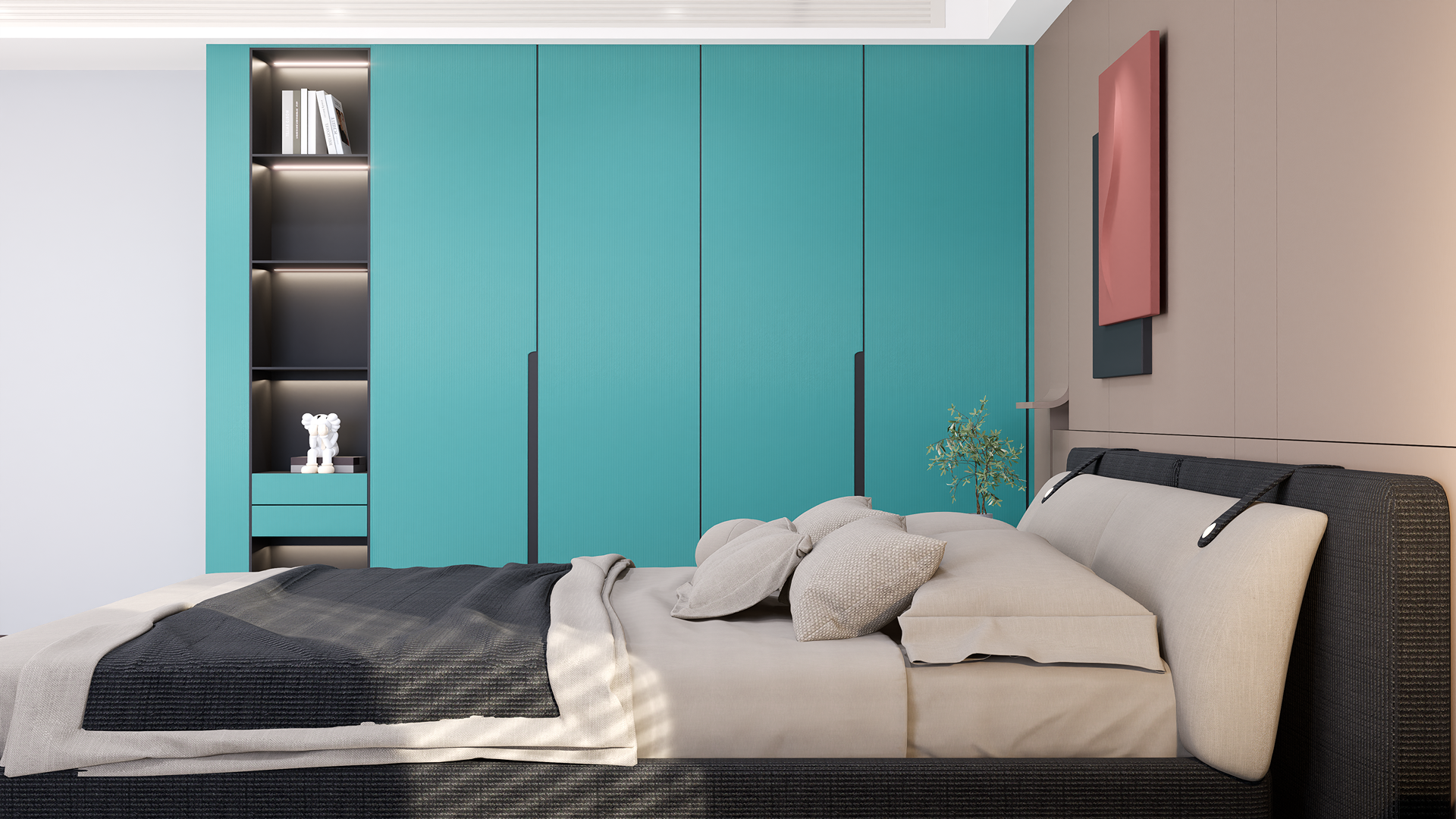 Green fluted laminate closet doors with matte finish in a modern bedroom setting with dark bed and beige pillows