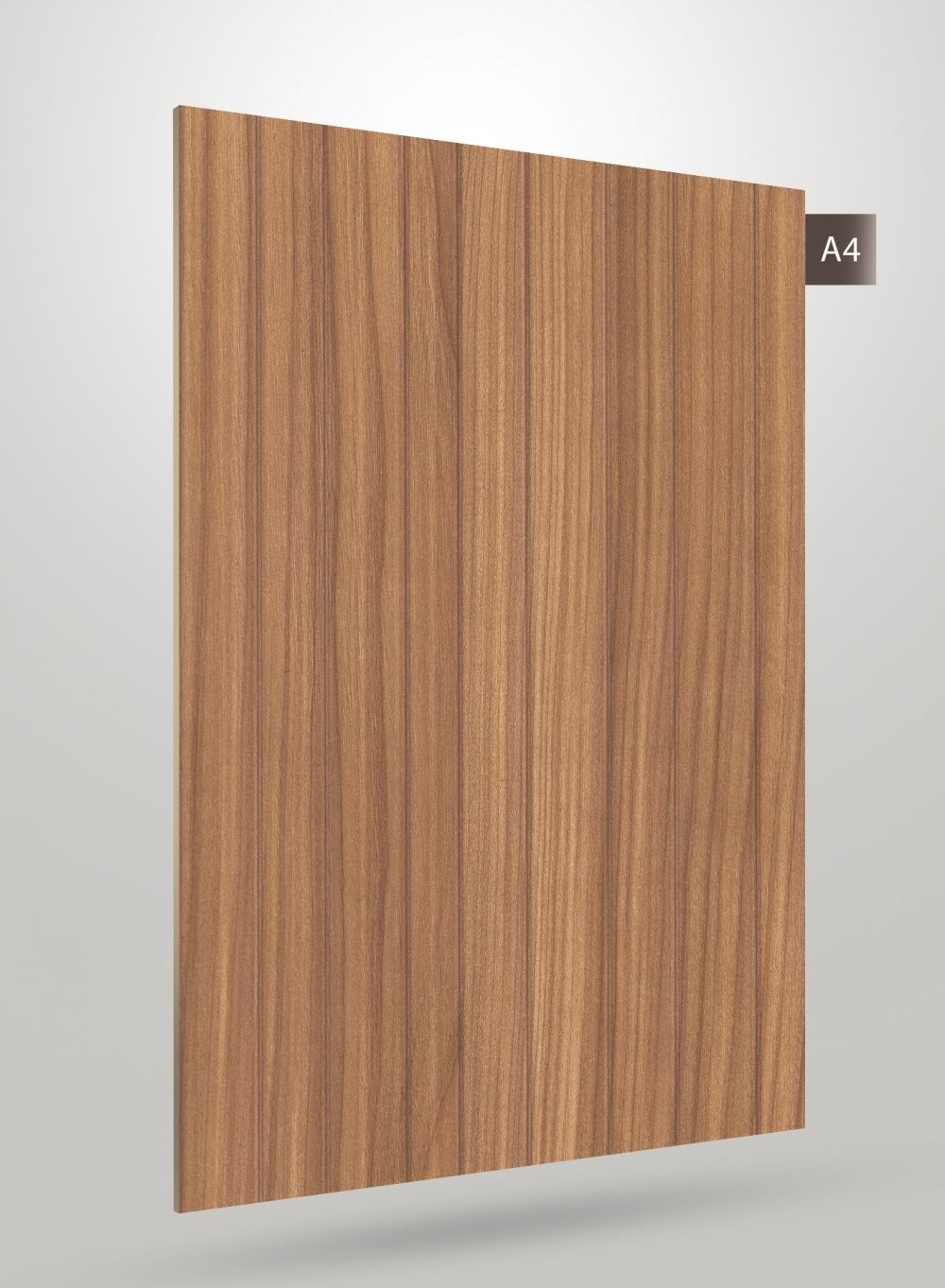 Brown fluted decorative laminate with matte finish and vertical wood grain pattern on a square sheet.