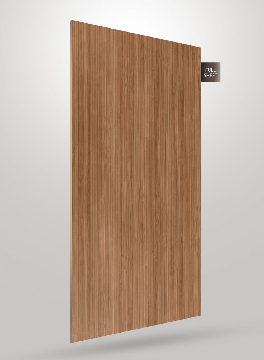 Brown fluted laminate sheet with matte finish and vertical wood grain texture displayed on a white background with full