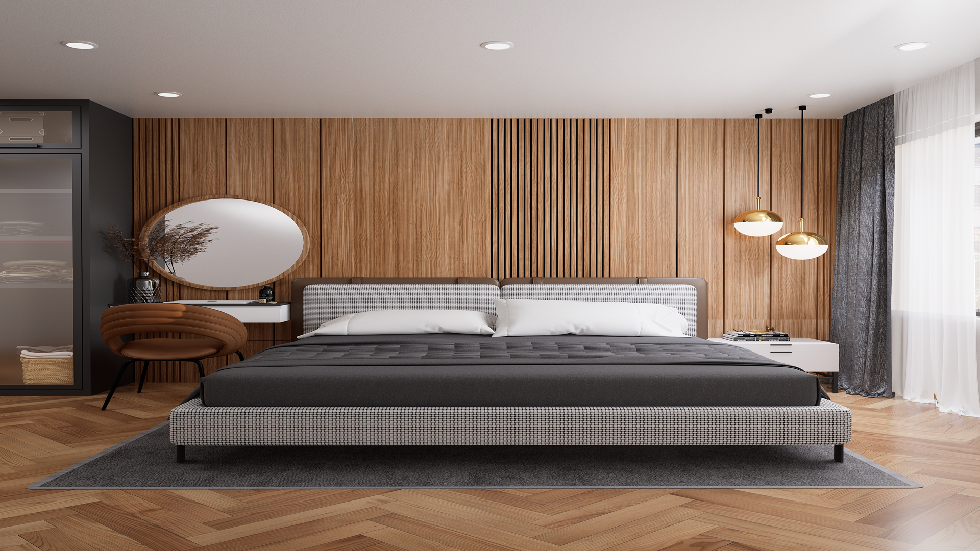 Brown decorative fluted laminate wall panel with matte finish in a modern bedroom setting with wooden accents and furniture