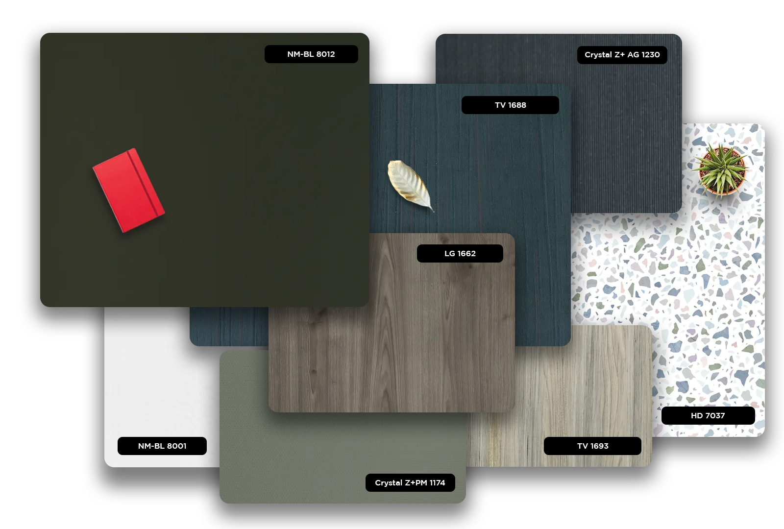 Multicolored patterned laminate with matte finish and terrazzo design, showcasing various decorative laminate samples with